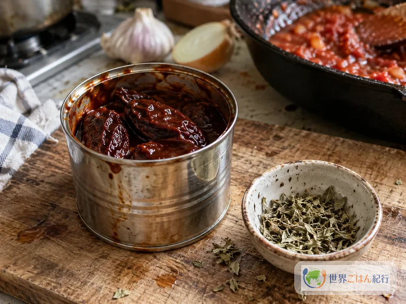 Lata de chipotles en adobo y epazote seco, una al lado del otro