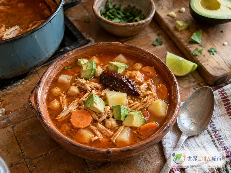 Foto del caldo tlalpeño terminado, con aguacate y chipotle
