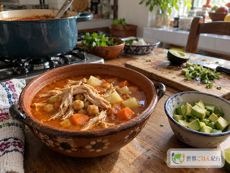 Mesa con caldo tlalpeño en cuencos de barro y aguacate