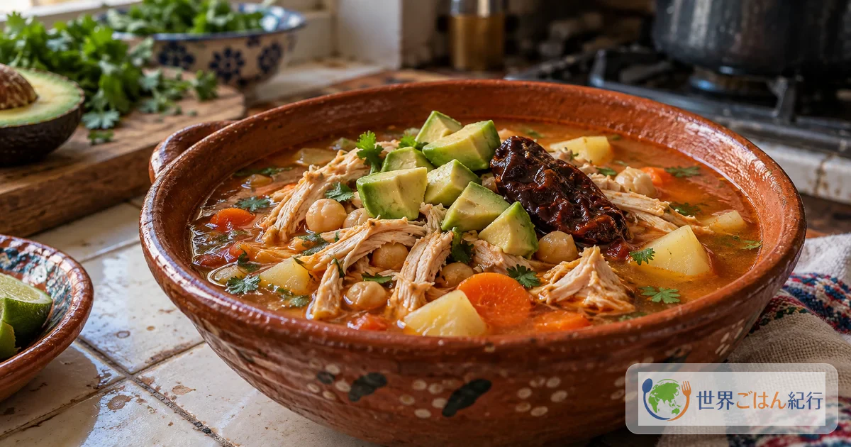 Caldo tlalpeño, la sopa de chipotle de la Ciudad de México, con pollo deshebrado, garbanzos y aguacate