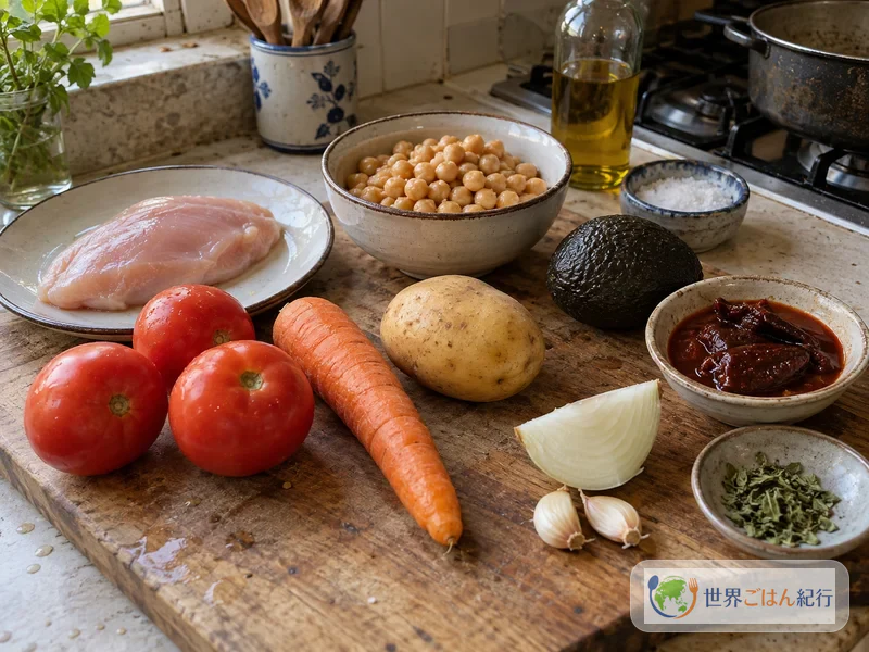 Pechuga de pollo, tomates, zanahoria, papa, garbanzos, chipotles en adobo, epazote y aguacate, ingredientes del caldo tlalpeño