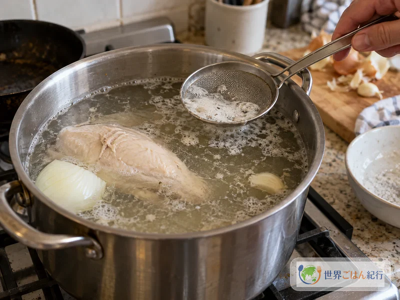 Pechuga de pollo cociéndose en una olla grande con cebolla y ajo, quitando la espuma