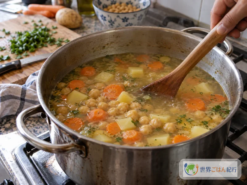 Zanahoria, papa y garbanzos cociéndose en el caldo