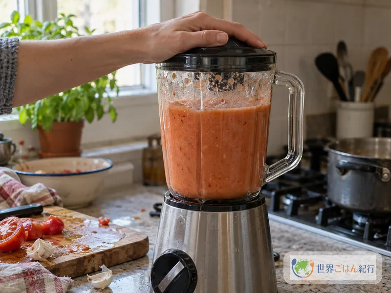Tomate, ajo y caldo licuados hasta formar una salsa lisa