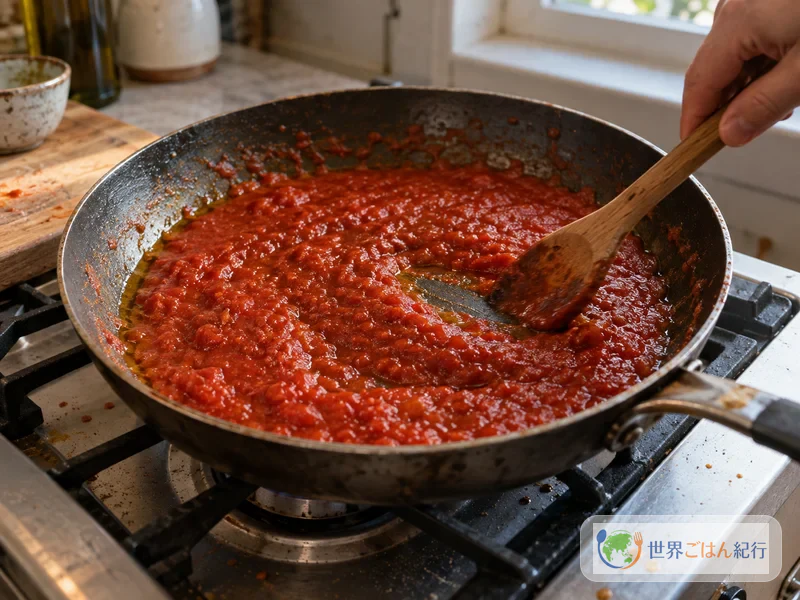 Salsa de tomate friéndose en una sartén hasta oscurecer