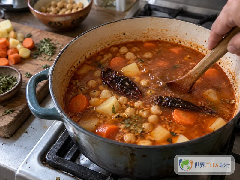 Chipotle y epazote añadidos a la olla del caldo y cocidos a fuego bajo