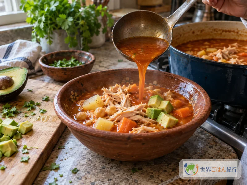 Pollo deshebrado en el cuenco, con caldo caliente y aguacate encima