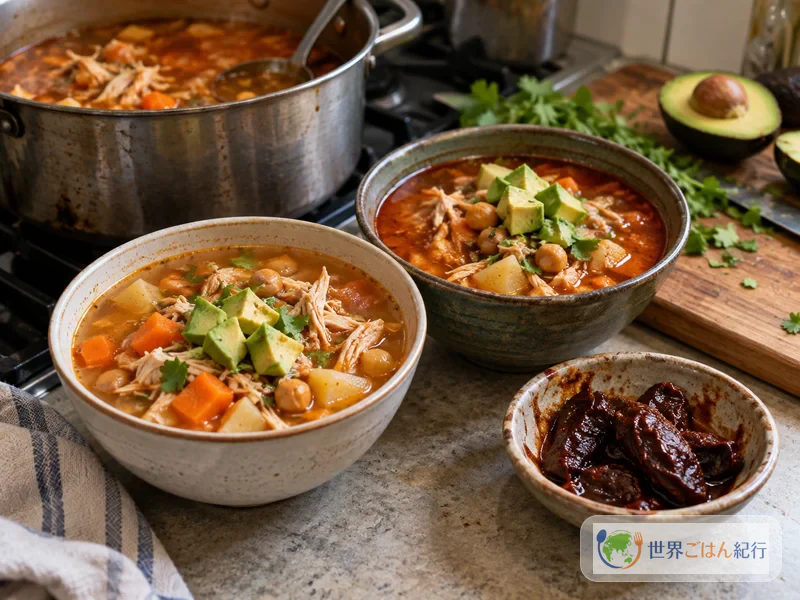 Diferencia de color del caldo tlalpeño con distinta cantidad de chipotle