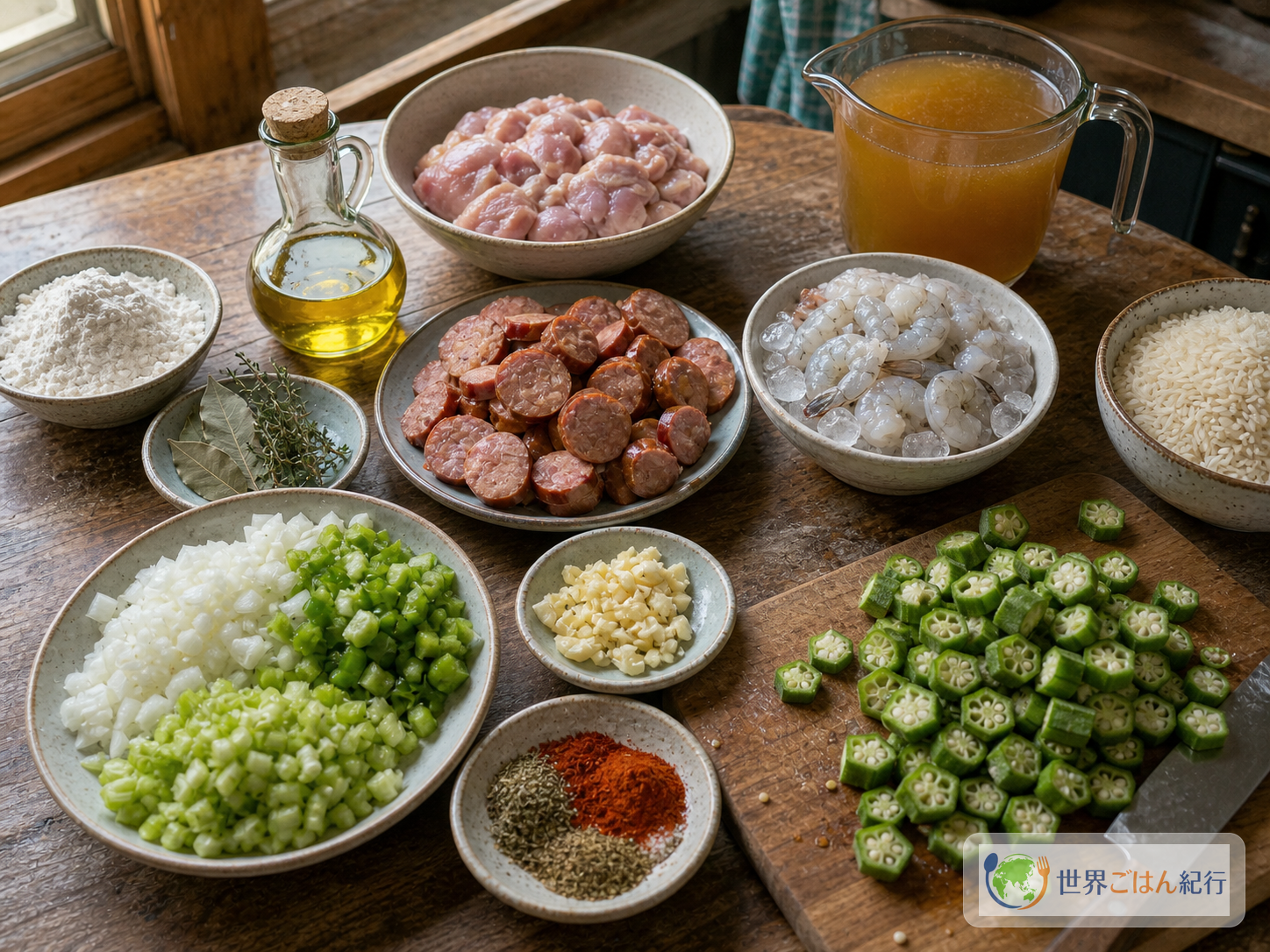 鶏肉、スモークソーセージ、えび、オクラ、香味野菜、スパイス、ルウ用の小麦粉と油を台所に並べた材料