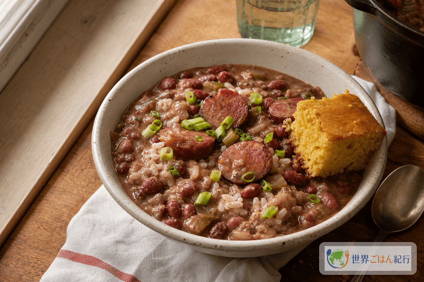 白いご飯にクリーミーな赤いんげん豆とスモークソーセージをかけたレッドビーンズライス