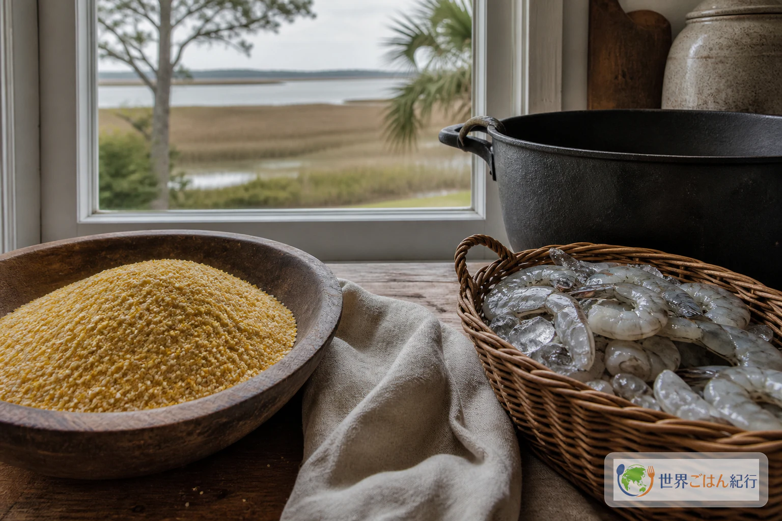 粗挽きとうもろこしと生海老、鋳物鍋をLowcountryの窓辺に並べた食材の風景
