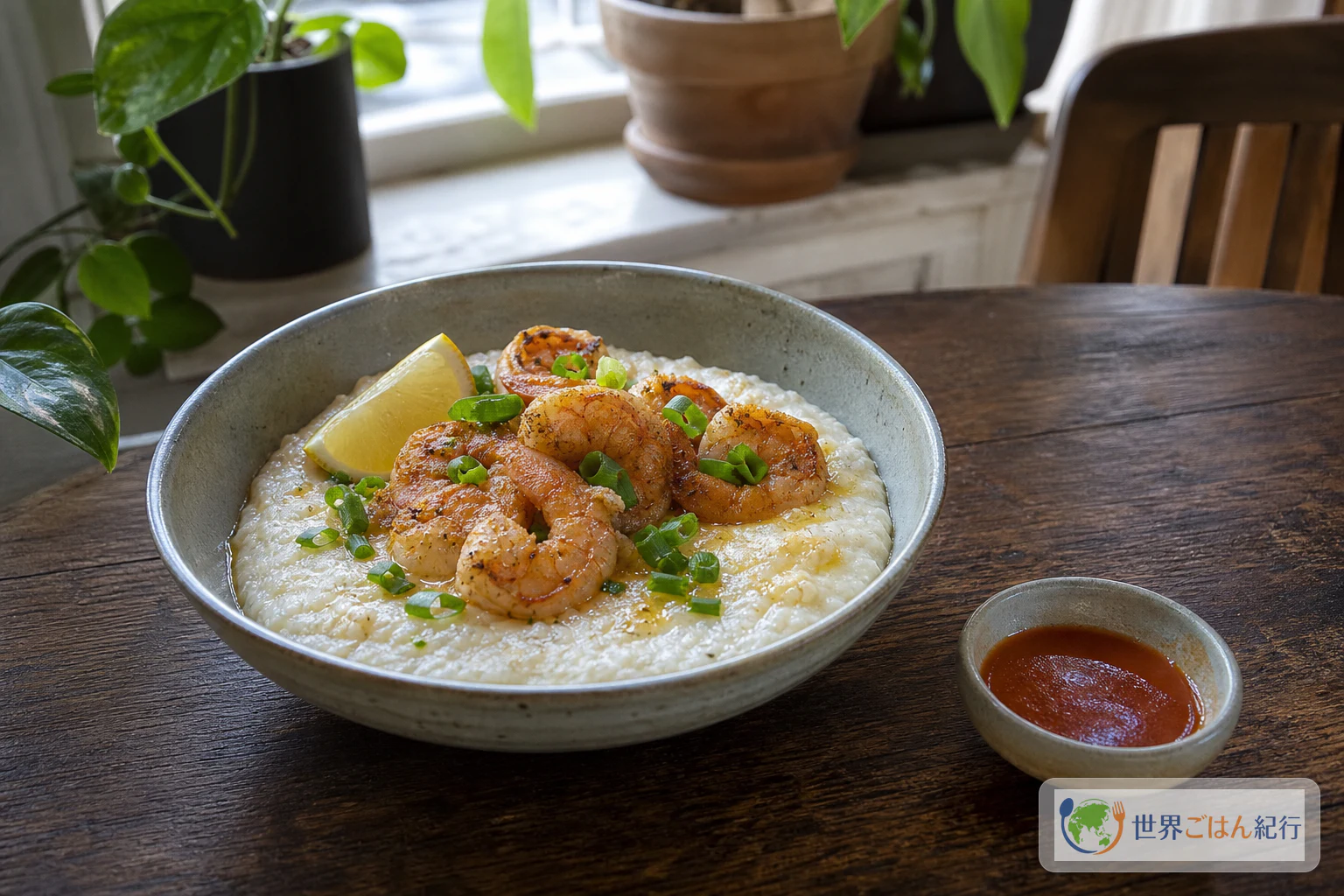 朝食のテーブルで、温め直したグリッツに海老をのせ、レモンと青ねぎを添えた一皿