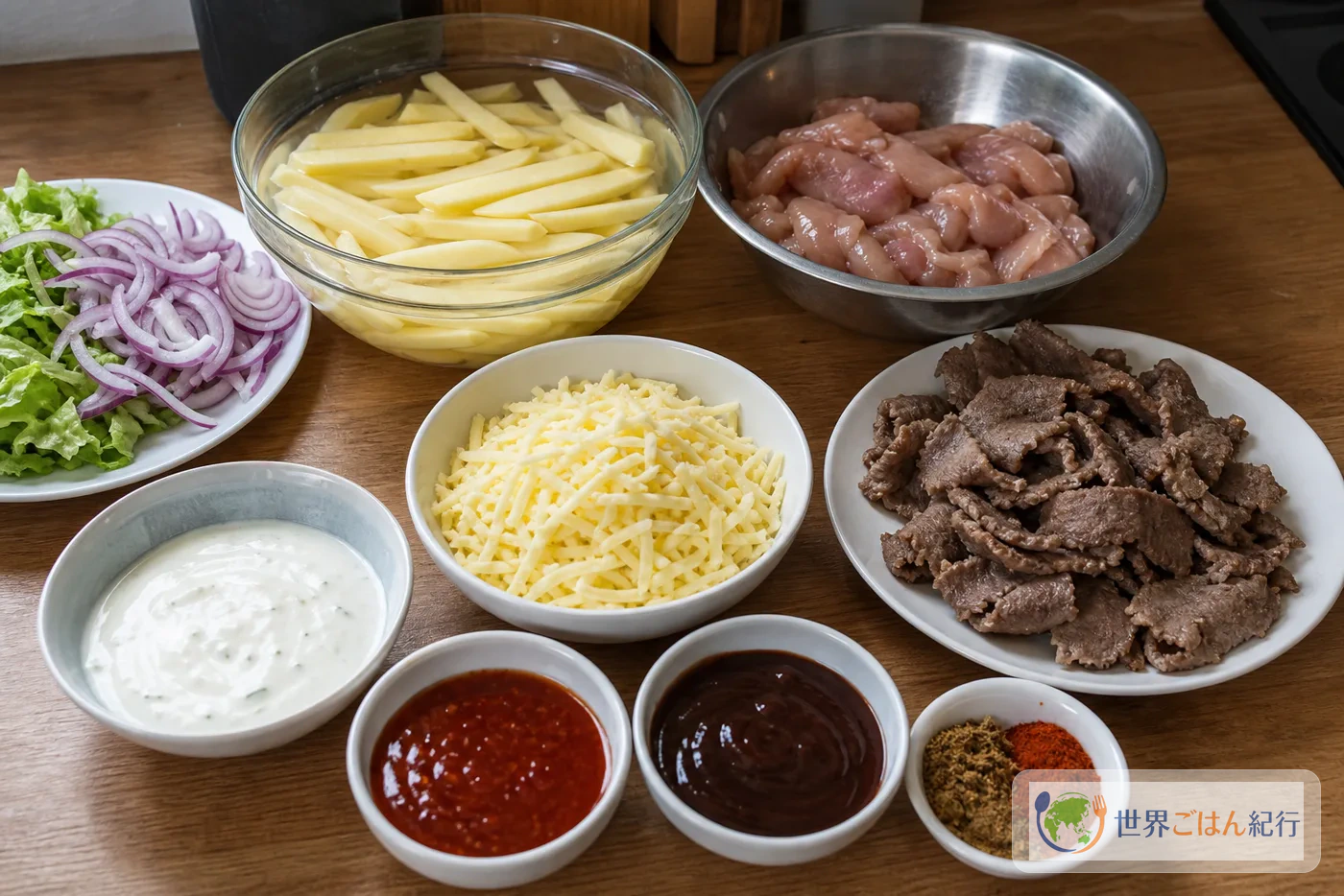 じゃがいも、鶏肉、薄切り肉、チーズ、ヨーグルト、スパイス、赤いソースを並べた材料