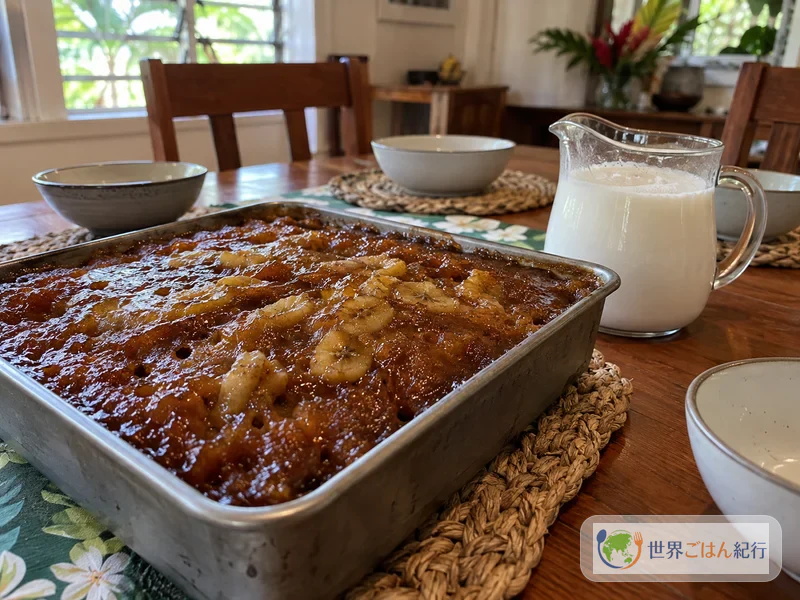 At a Cook Islands family gathering, a baking dish full of banana poke and a bowl of coconut cream set on the table