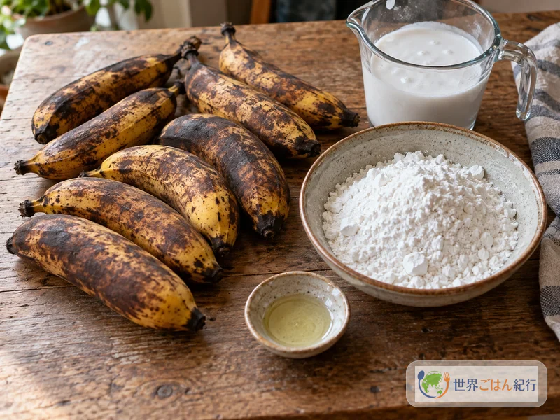 Very ripe bananas, tapioca starch, coconut cream and vegetable oil measured out for poke