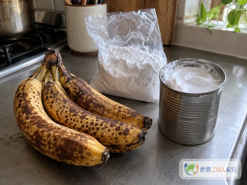 Very ripe bananas with browned skins, tapioca starch and a can of coconut cream