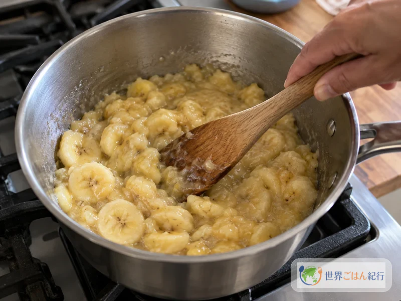 Cooking sliced very ripe bananas in a heavy pot while mashing them with a wooden spoon