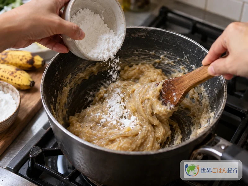 Adding tapioca starch to the bananas in a low-heat pot and working it with a wooden spoon until sticky