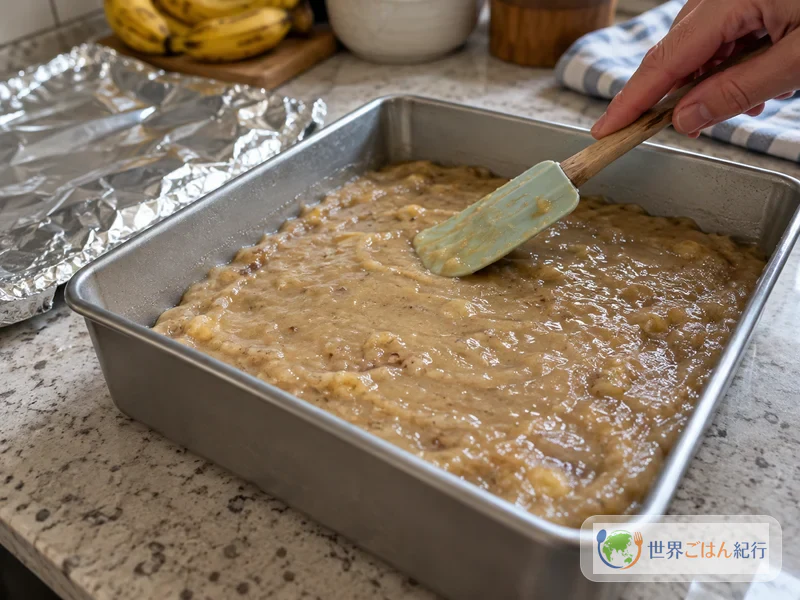 Putting the banana dough into the oiled dish and smoothing the surface flat with a wet spatula
