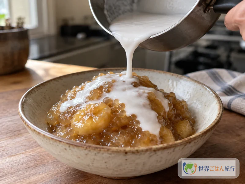 Pouring plenty of warmed coconut cream over poke spooned into a bowl