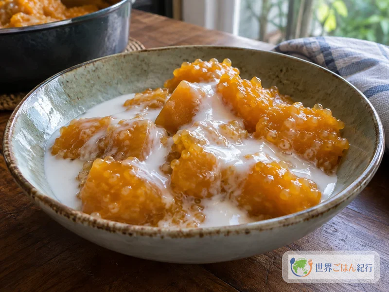 Poke made with pumpkin instead of banana, baked orange and topped with coconut cream