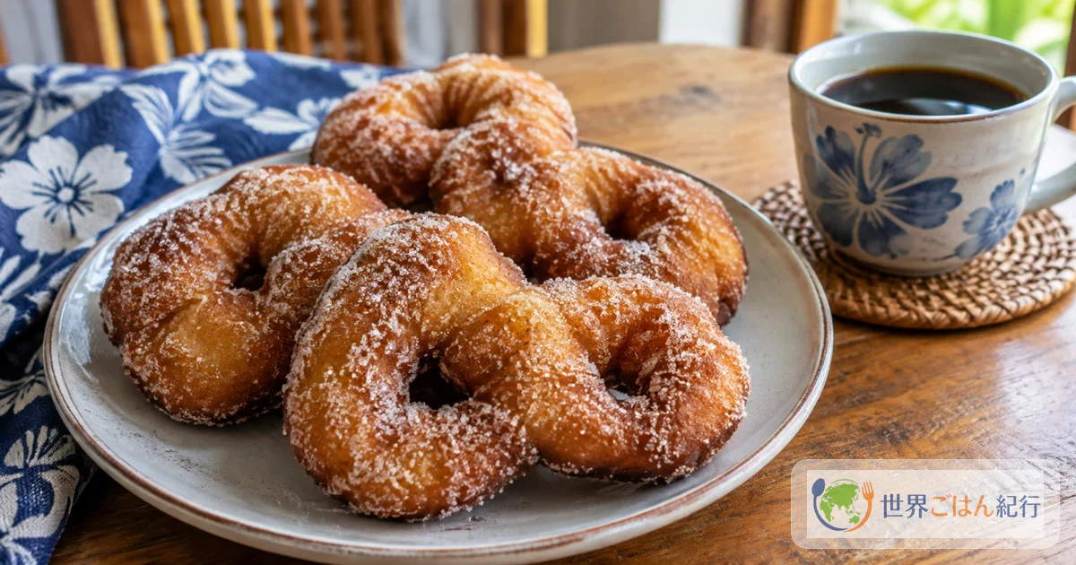 Rosquillas doradas en forma de 8 cubiertas de azúcar, el firi firi de Tahití, servidas en un plato con café en una mesa de desayuno