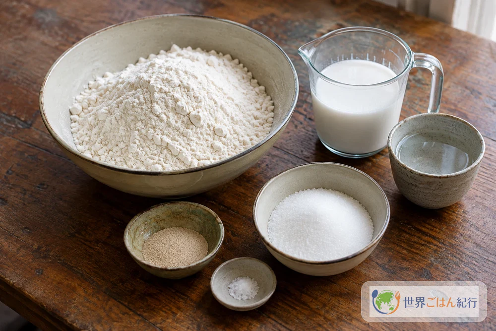 Cake flour, coconut milk, dry yeast, sugar, salt and lukewarm water measured out for firi firi
