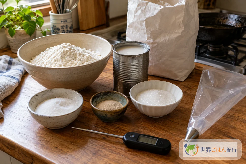 Cake flour, a can of coconut milk, dry yeast, white sugar, granulated sugar, a cooking thermometer and a piping bag