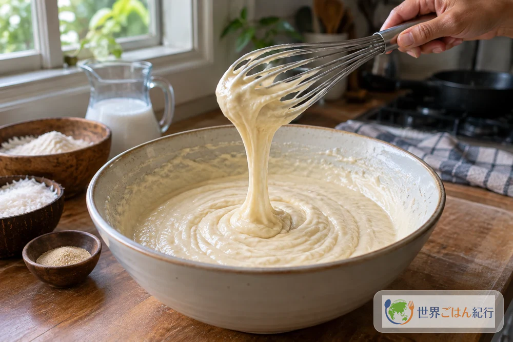 Mixing flour with coconut milk and the yeast mixture in a bowl with a whisk into a thick dough