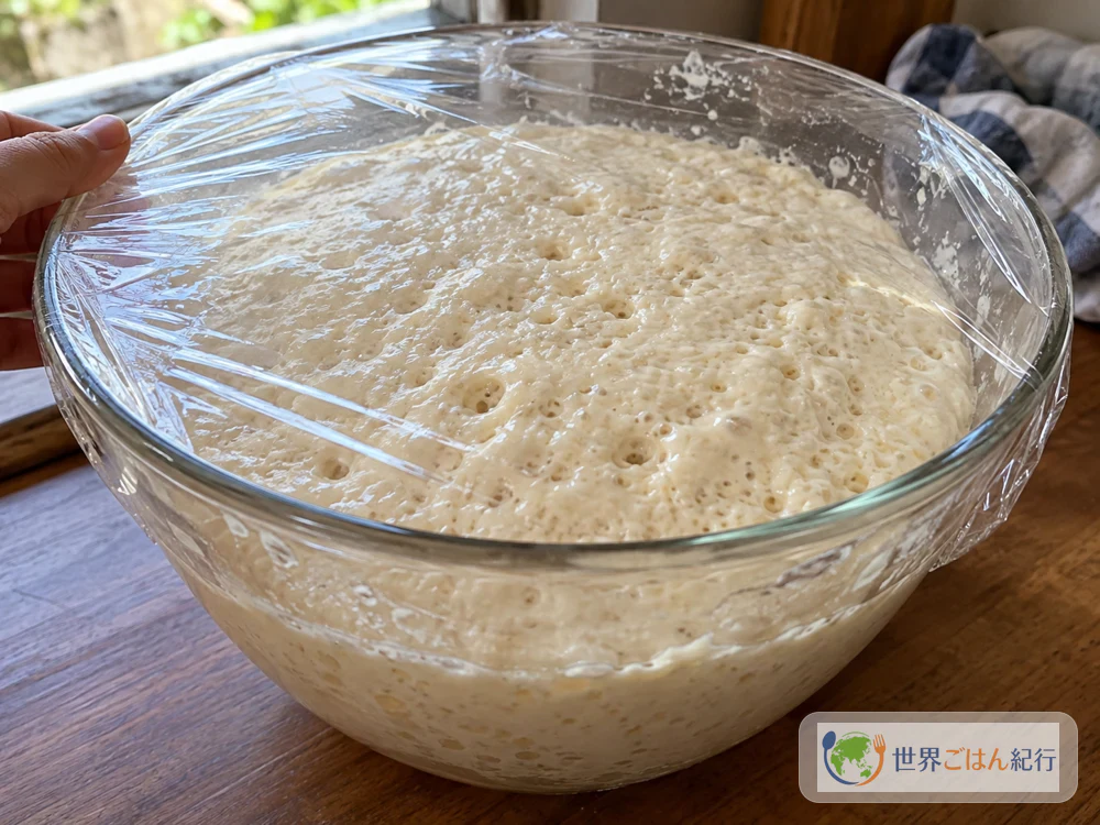 Dough in a plastic-wrapped bowl, about doubled in size with bubbles on the surface