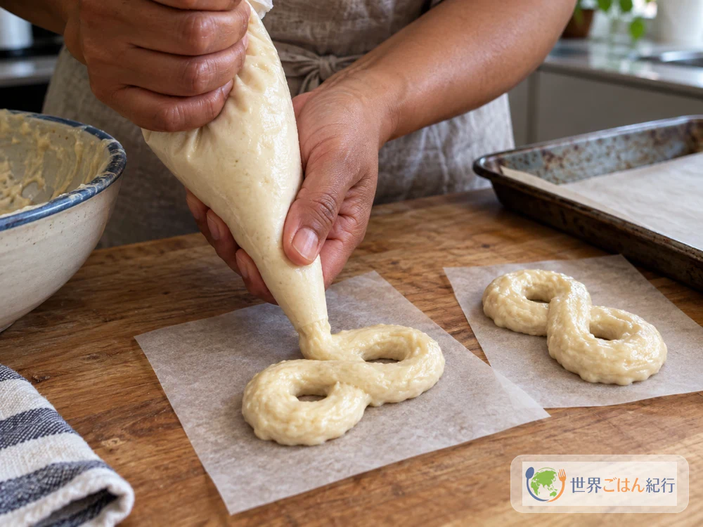 Piping dough in a figure eight onto a 12 cm square of parchment paper with a piping bag