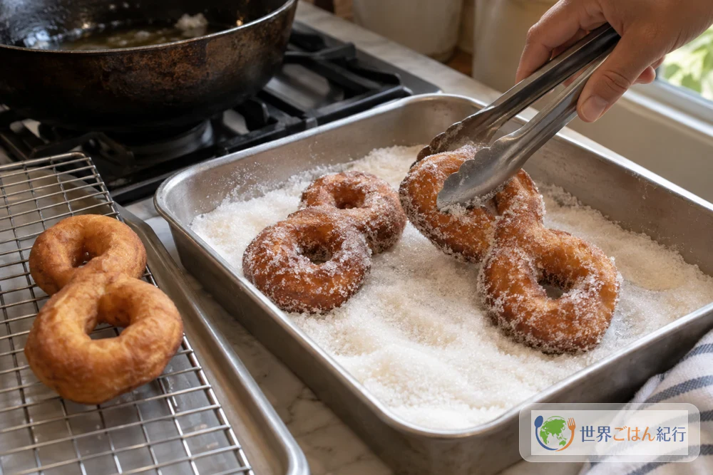 Rolling freshly fried figure-eight doughnuts in a tray of granulated sugar
