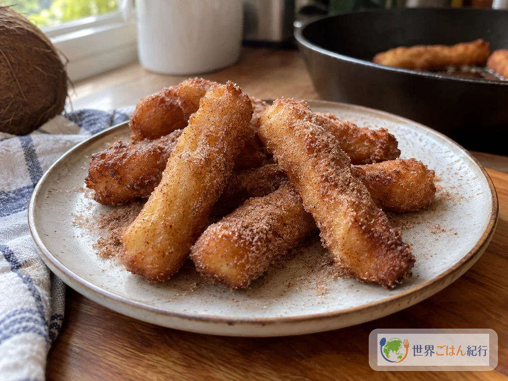 Firi firi piped into sticks, fried and coated in cinnamon sugar