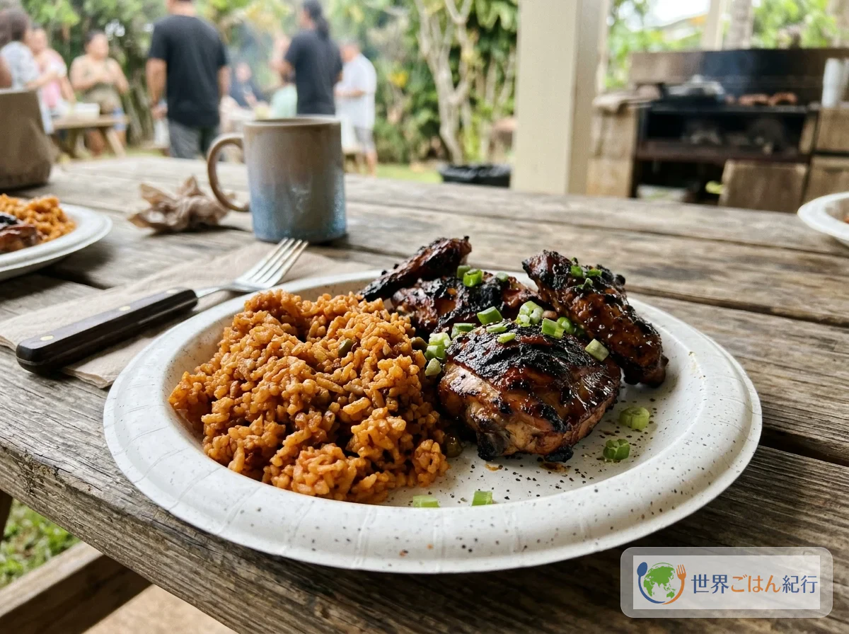 Red rice on a paper plate with barbecue chicken, a fiesta plate