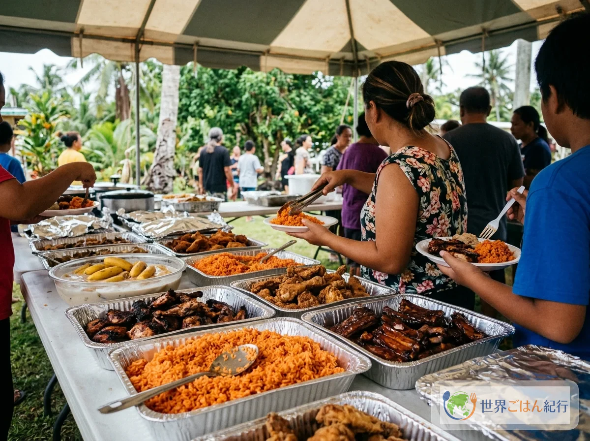 On Guam, at a village fiesta, trays of red rice, barbecue and relishes lined up on a long table