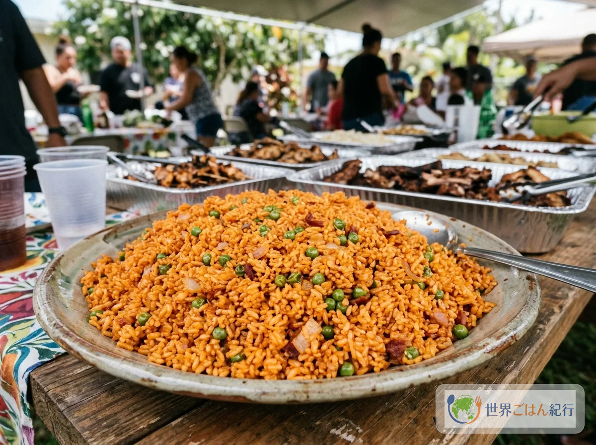Fuente de arroz rojo de Guam, de color naranja por el achiote, con guisantes y beicon mezclados