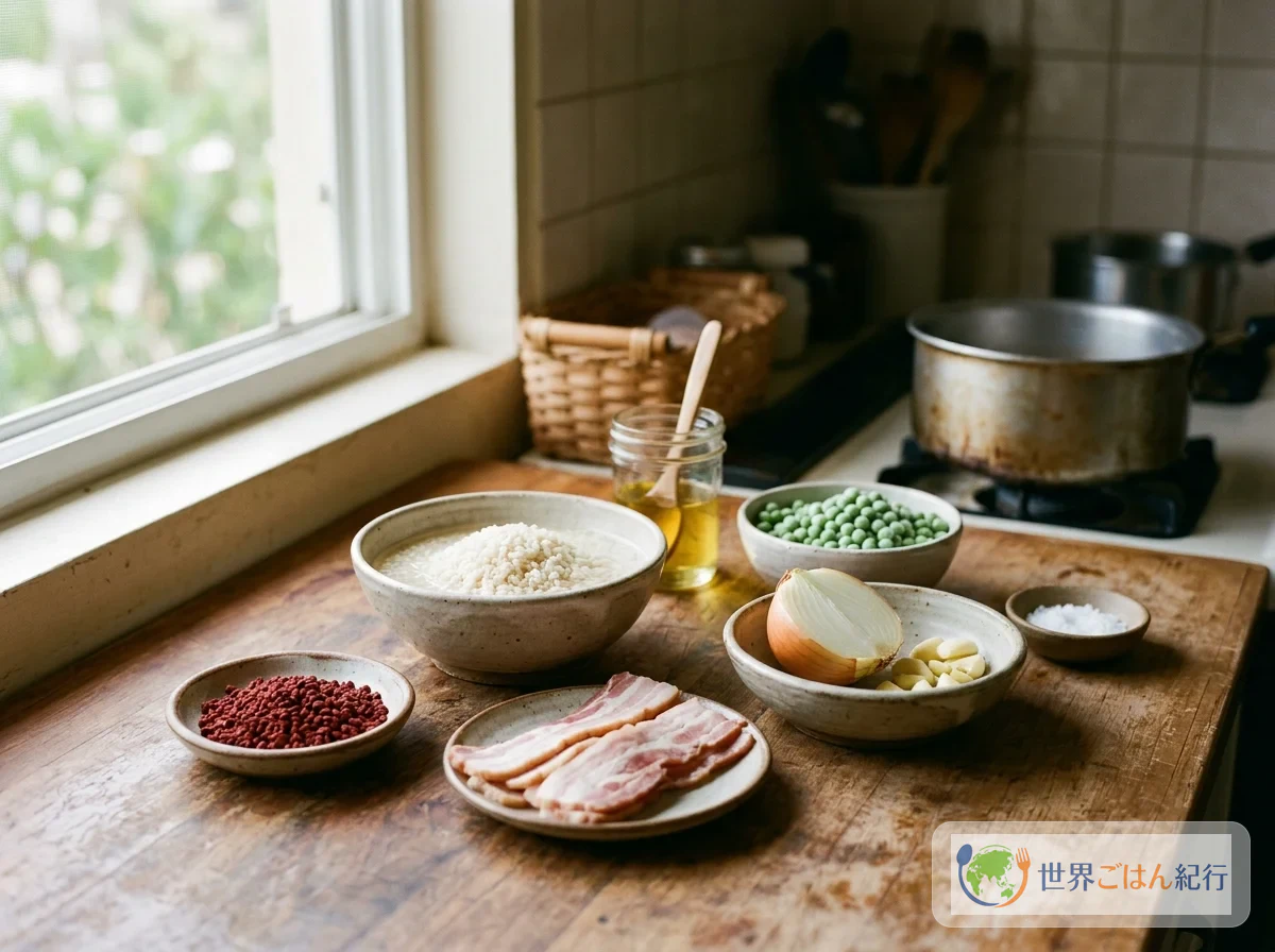 Ingredients for red rice: annatto seeds, rice, bacon, onion, garlic, frozen green peas, oil and salt