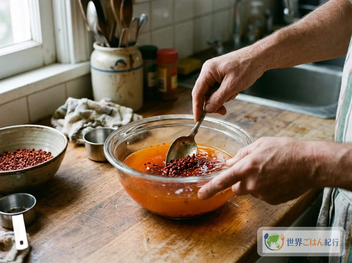 Soaking annatto seeds in lukewarm water in a bowl and rubbing them with a spoon to make deep orange water