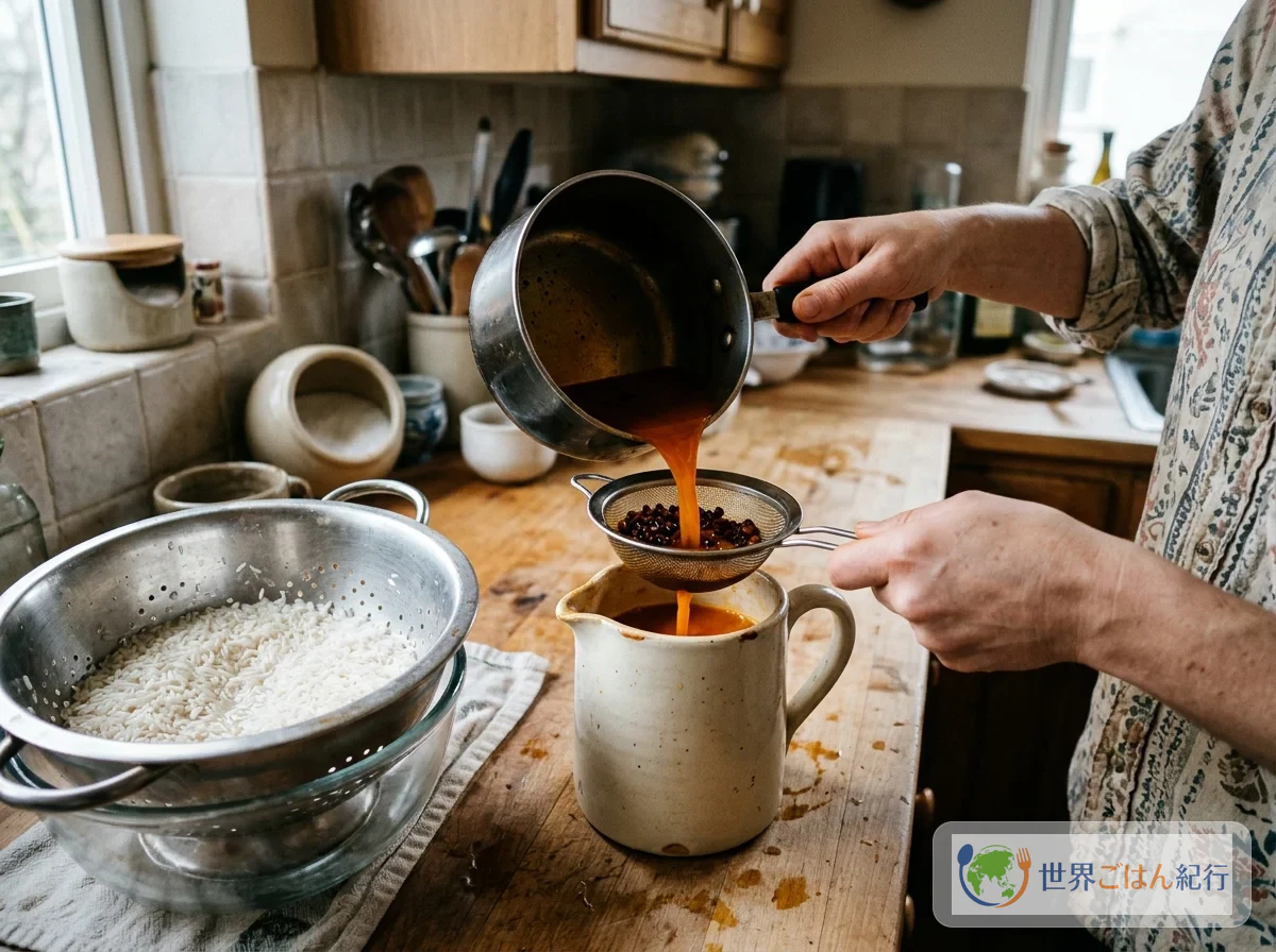 Straining the annatto colored water through a tea strainer to remove the seeds, with washed rice draining in a colander beside it