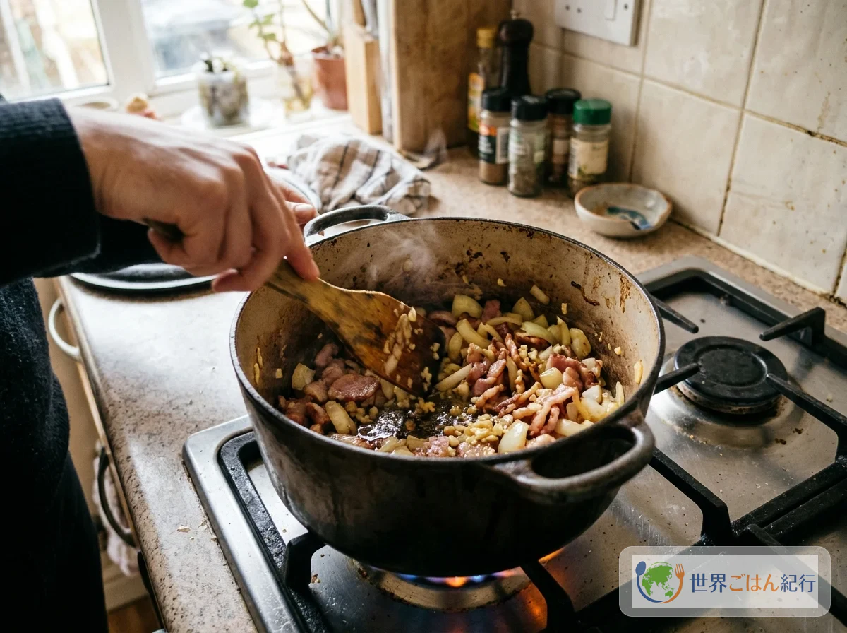 Cooking bacon in a heavy pot, then adding finely chopped onion and garlic and cooking until translucent