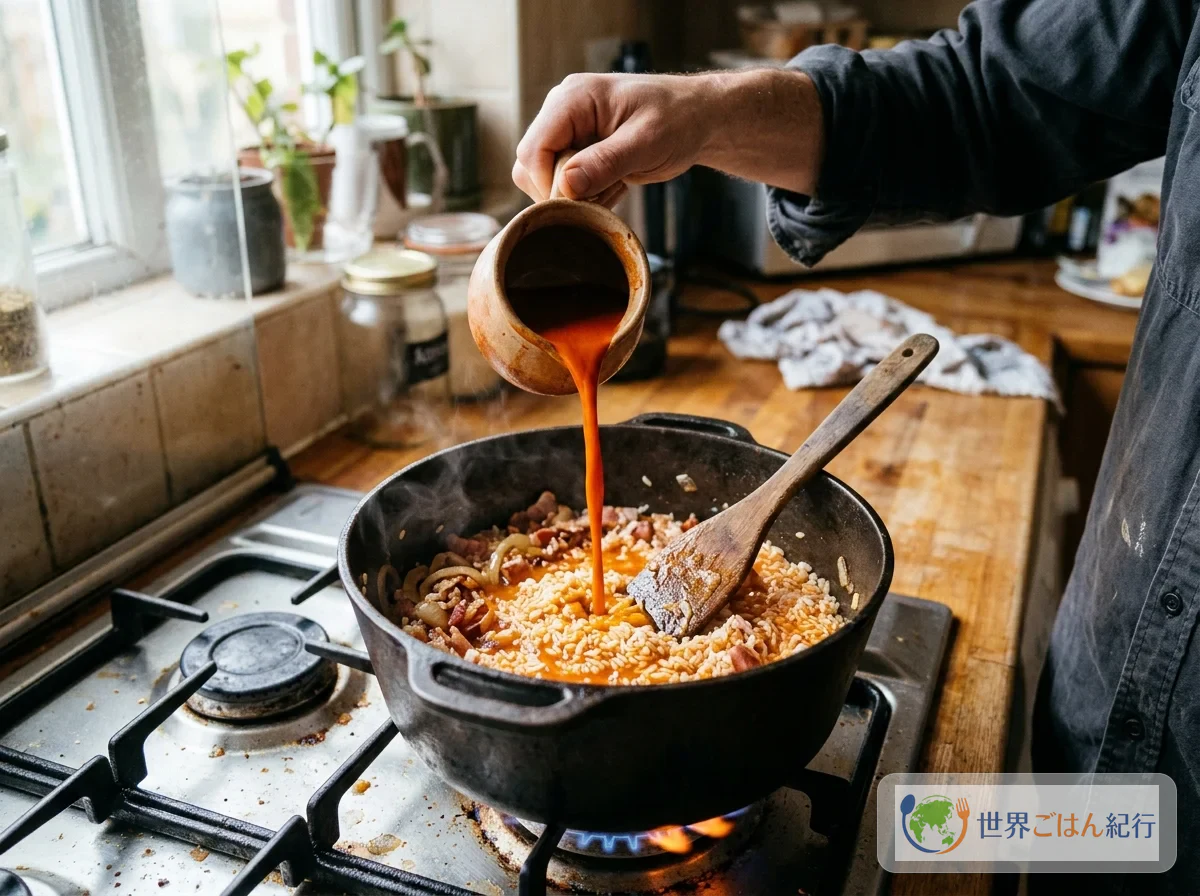 Pouring orange annatto colored water over the rice and onion in the pot