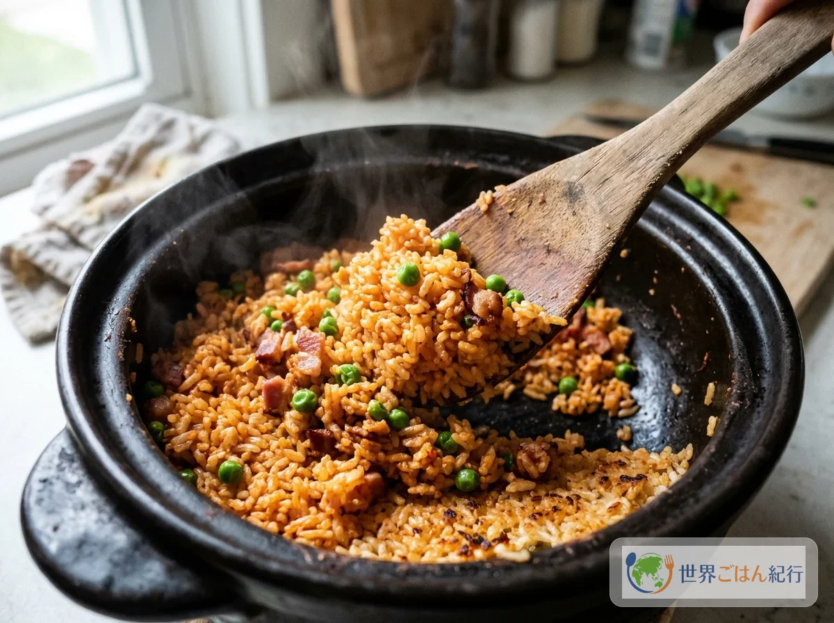 Turning the cooked red rice from the bottom with a rice paddle to mix in the peas and bacon