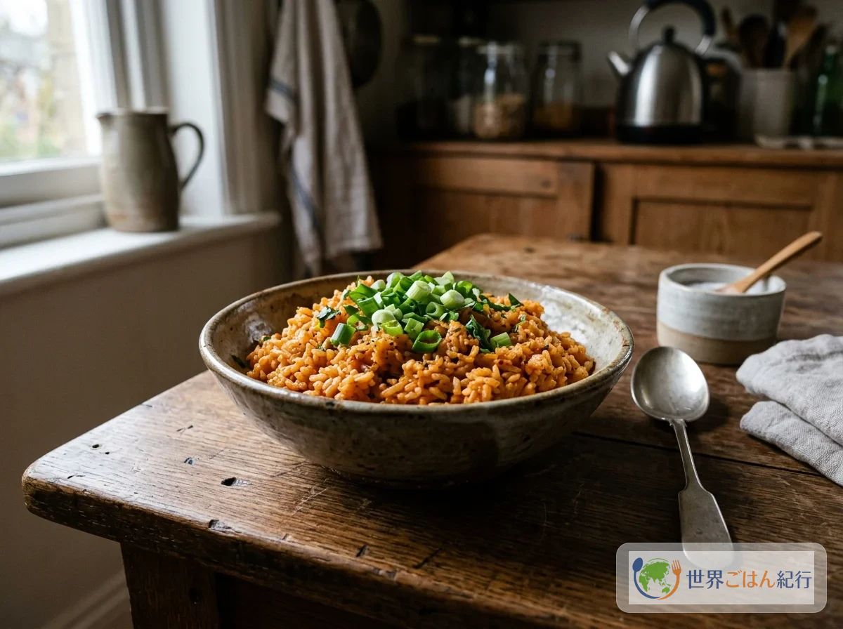 Red rice cooked in chicken stock, topped with finely chopped scallions