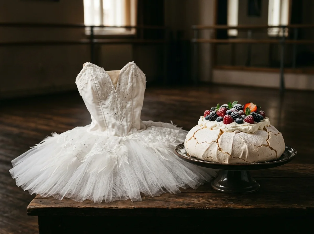 アンナ・パブロワのバレエ公演をイメージしたイラスト的構図。白いチュチュとメレンゲの類似性