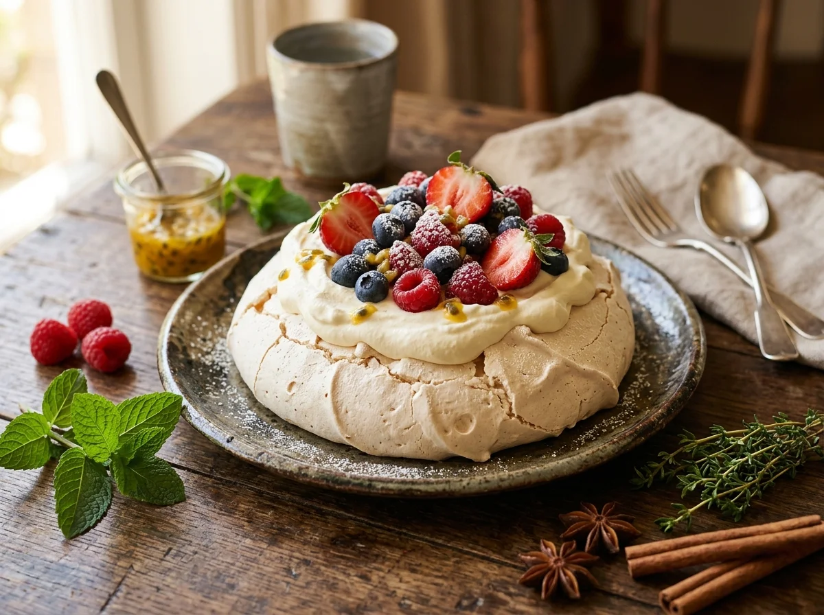 ニュージーランドの国民的デザート・パブロヴァ。白いメレンゲの台に生クリームがたっぷり載り、キウイフルーツ、いちご、パッションフルーツが彩る