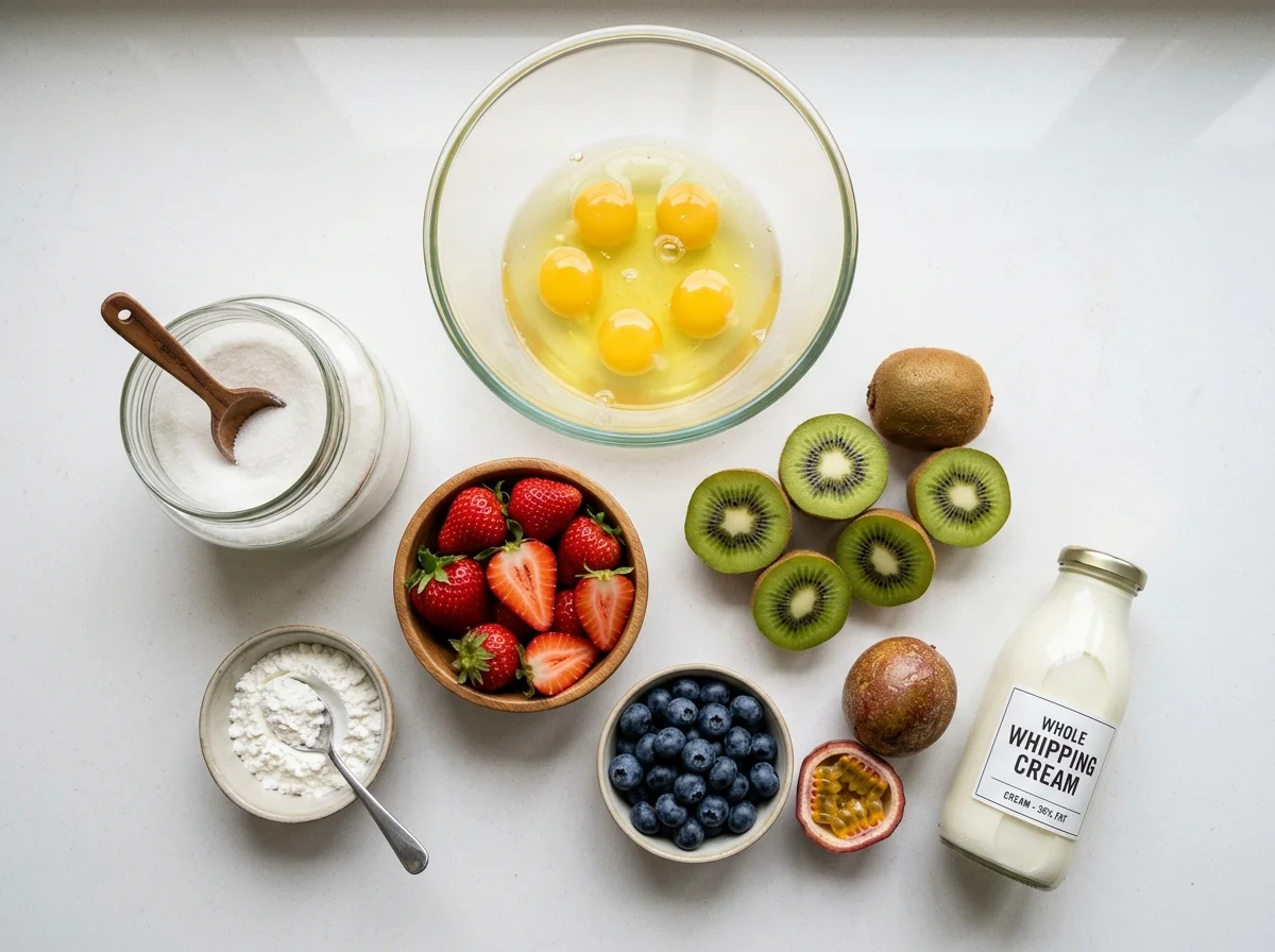 パブロヴァの材料一覧。卵白、グラニュー糖、フルーツ、生クリーム