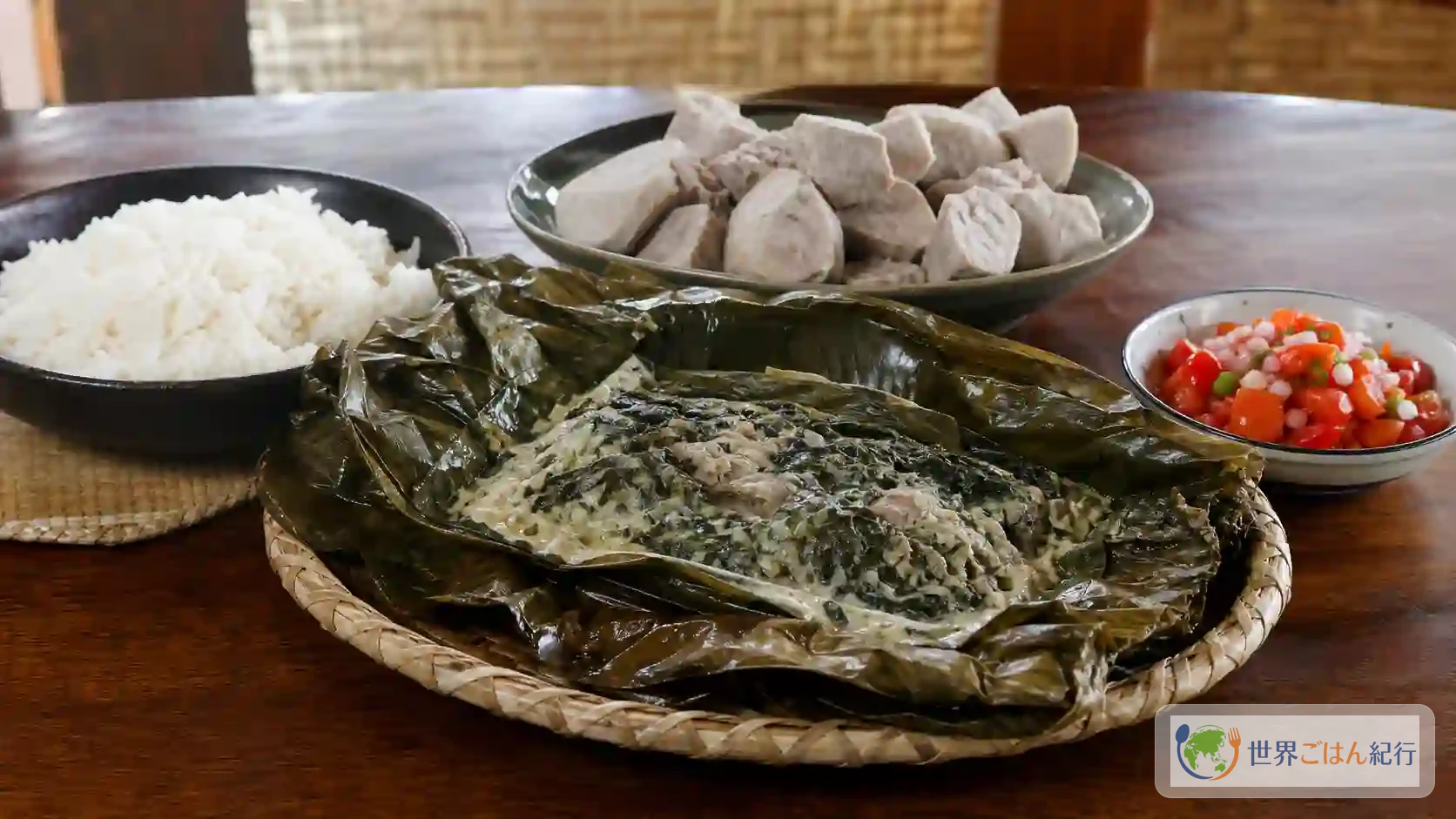 パルサミをタロイモとご飯に添え、葉の包みを開いたサモア風の食卓