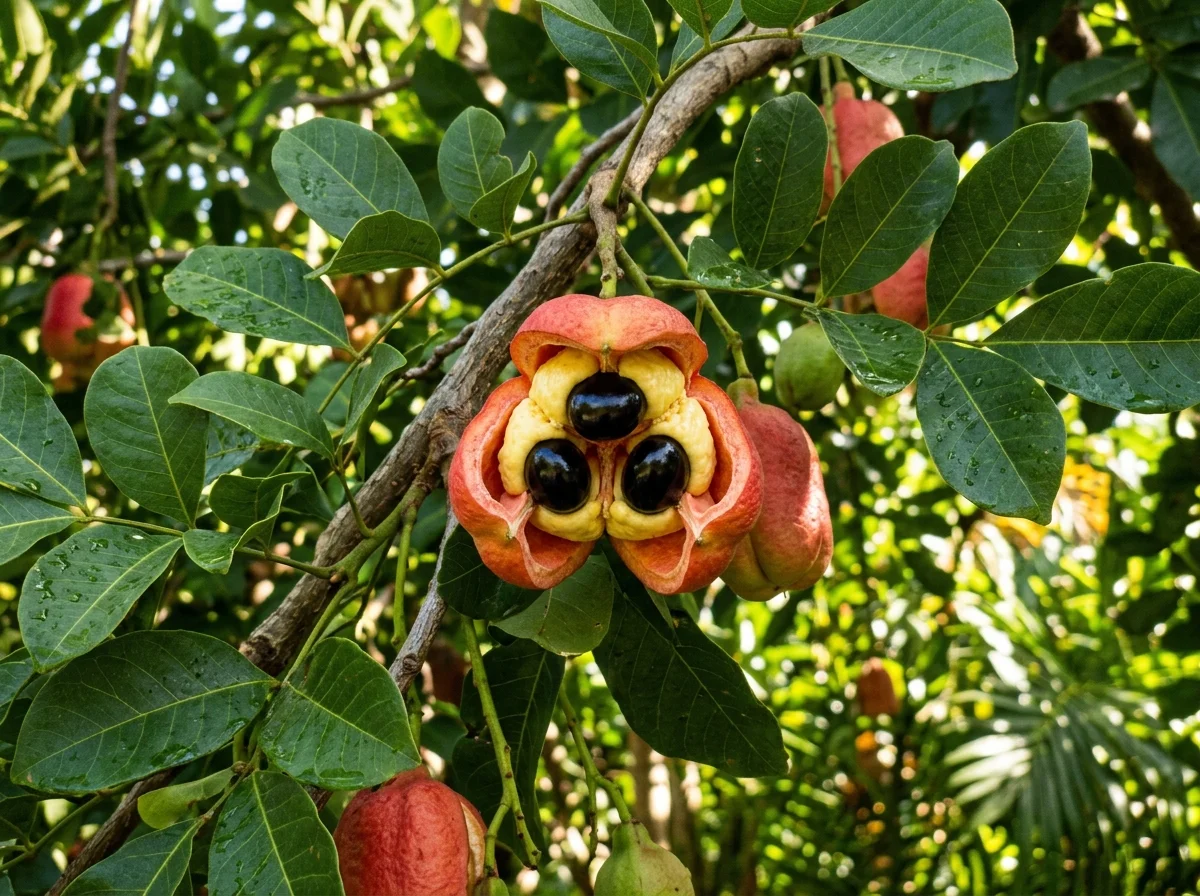 アキーの実が木に実っている様子。赤い外殻が裂開して黄色い果肉が見えている