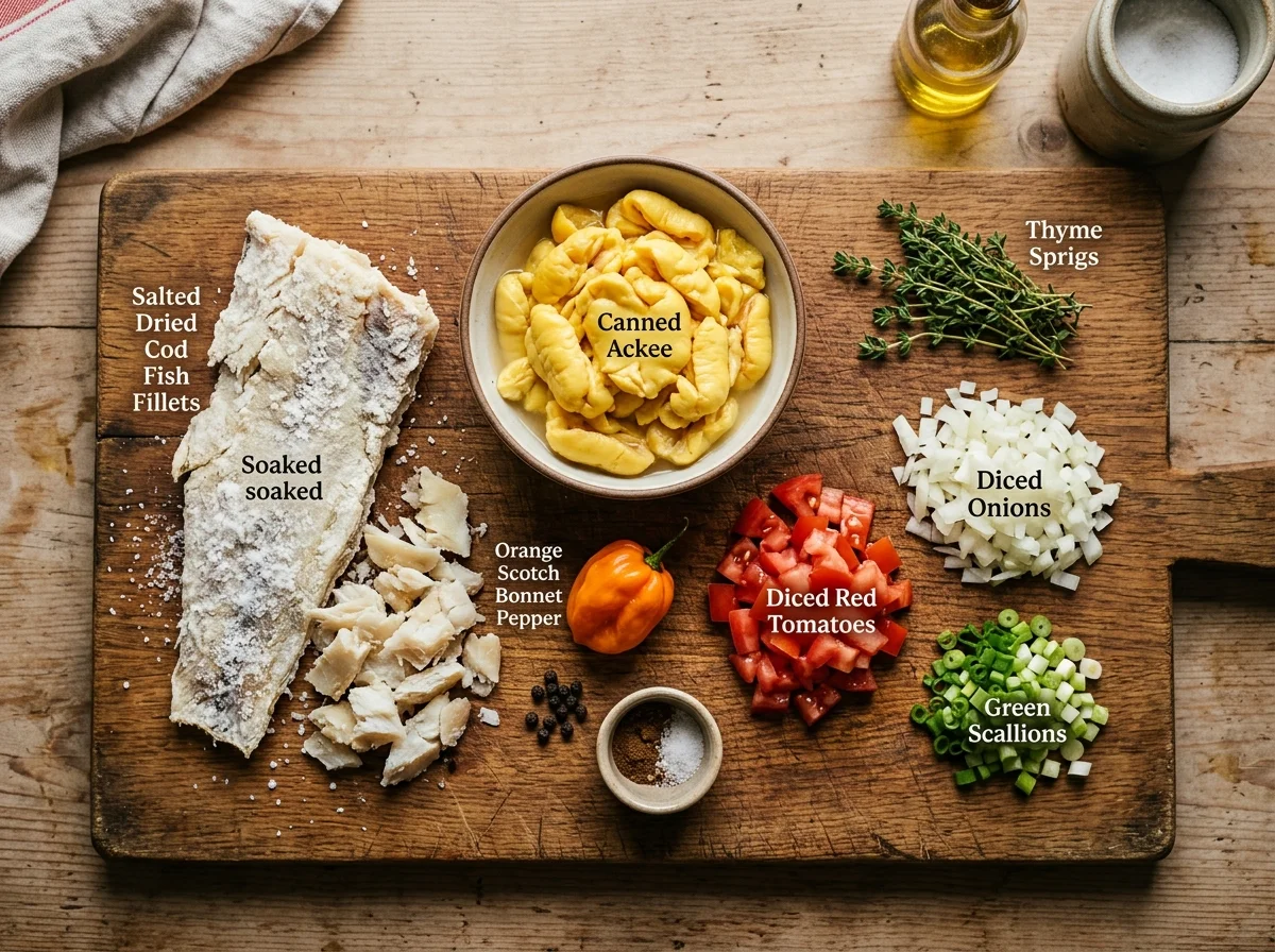 アキー・アンド・ソルトフィッシュの材料一覧。缶詰のアキー、塩漬けダラ、スコッチボネット、タイム、トマト、玉ねぎが並ぶ