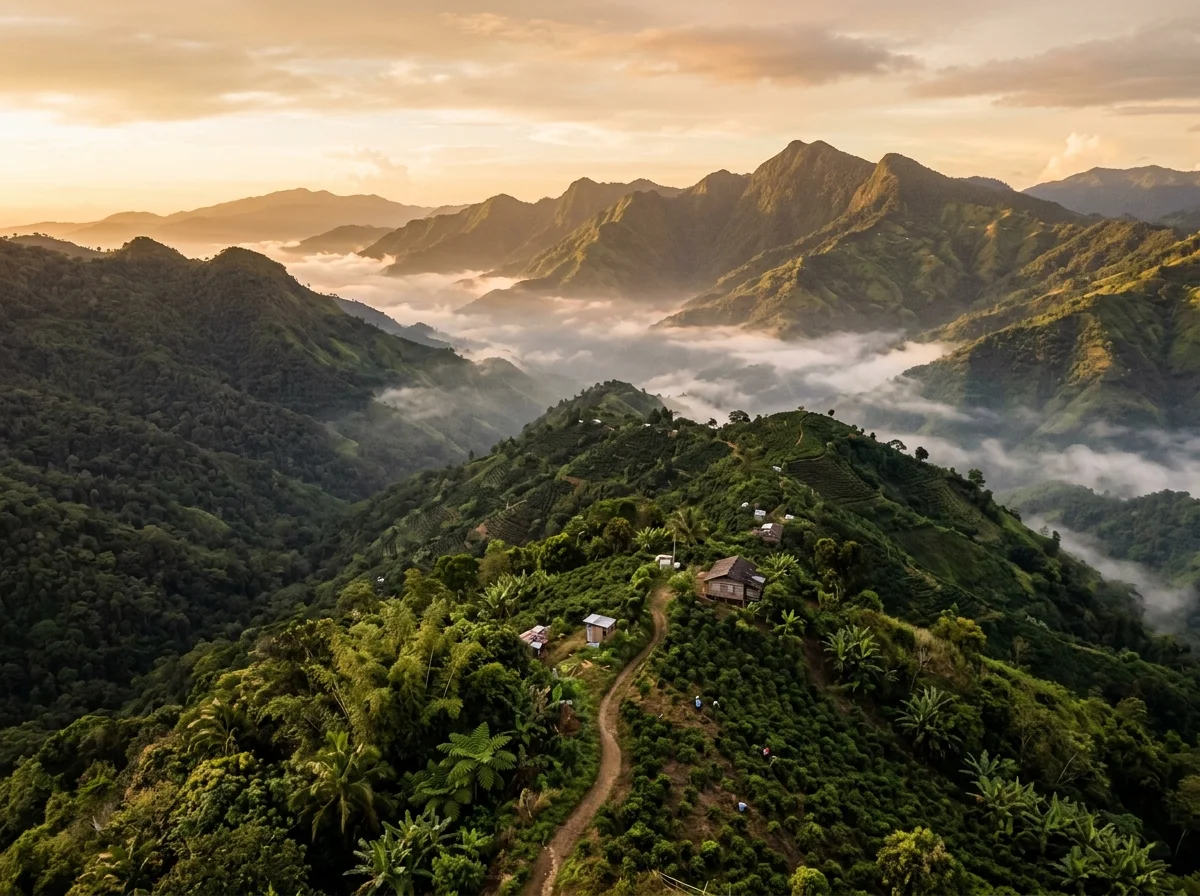 ジャマイカのブルーマウンテンの山並みとコーヒー農園の風景
